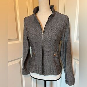 Black and white pin striped blazer suit, jacket, zip up with gold embellishment